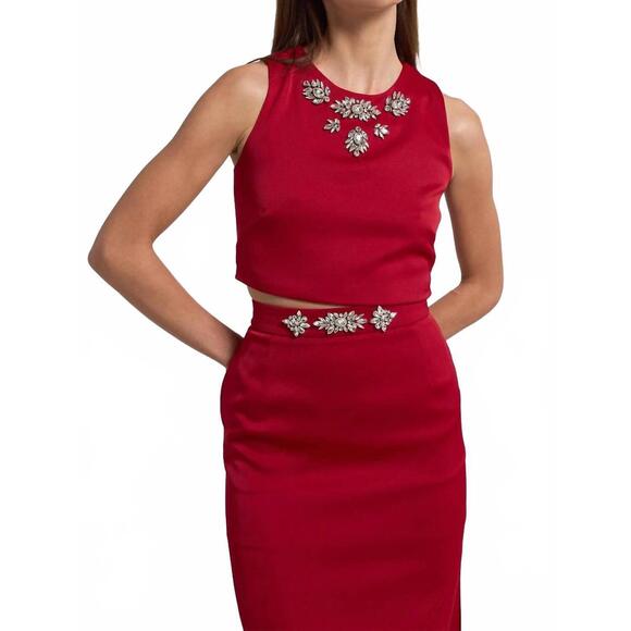 NEW GENERATION LOVE opal crystal embellished satin top in ruby